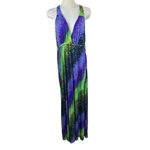 Bohemian Maxi Dress Halter Top Size 1X Vibrant Purple Green Multi Animal Print