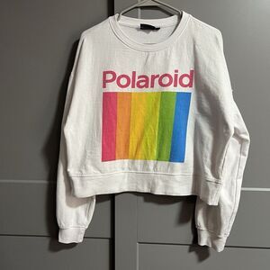 Polaroid Womens Long Sleeve Crop Crewneck Graphic Print Sweater White Size Large