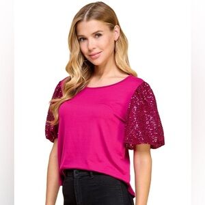 ARROW 22 Elliana Sequin Puff Sleeve Top Pink Fuchsia XL