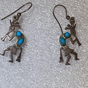 Artisan Signed Sterling Silver Turquoise Kokopelli Earrings