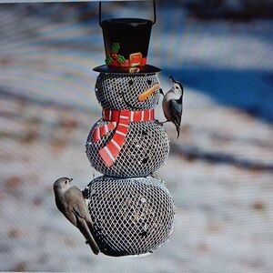 New Plow & Hearth Solar Snowman Metal Mesh Bird Feeder.