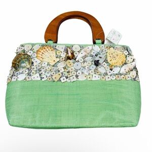 Beach Tote Handbag Sea Shell Beaded Sequins Woven Green Purse Wooden Handles