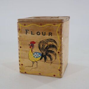 Vintage Wood Flour Box Canister With Rooster Hand painted Kitschy Rustic