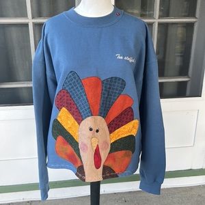 Thanksgiving Embroidered and Quilted Turkey on Blue Sweatshirt | Large