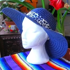 GROOVY GLAM Blue Wide Brim Straw Hat Summer Floppy Leopard Band