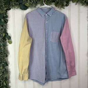 Club Room Button Down Shirt MEDIUM Retro Pastel Plaid Colorblock Preppy Casual