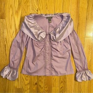 Kenar Button Front Blouse Shirt Top Lace Ribbon Puff Collar Cuffs Lavender Sz L