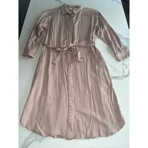 Uniqlo Boho Pink Button Front Long Sleeve Midi Shirt Dress Womens Size Small