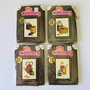 Vintage Jiffy Stitchery Kitchen Themed Crewel Kits Set of 4 Cross Stitch New 90s