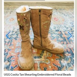 RARE! UGG Leather Cosita Tan Shearling Embroidery Floral Beads Knee Boots