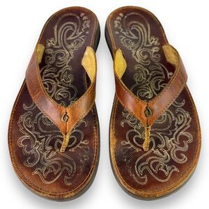 OluKai Paniolo Premium Leather Sandals Stitched Embroidered Flip Flops Womens 7