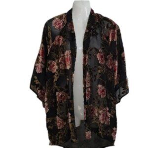 American Eagle Sheer Velvety Floral Kimono Open Top Size XS Small Black Pink