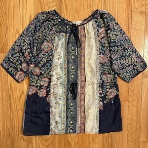 JOHNNY WAS Floral Print Blouse Semi-Sheer Waist Drawstring & Tie Neck S