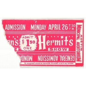 Vintage 1965 Hermans Hermits Concert Ticket Stub Austin TX