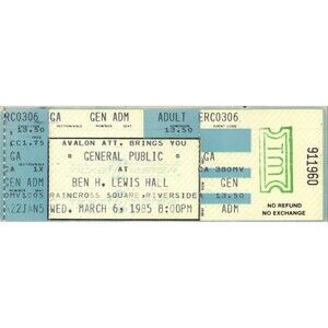 Vintage 1985 General Public Untouchables Full Complete Ticket Stub Riverside CA