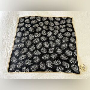 ECHO | 100% Silk Scarf | Black White Leaf Pattern | Gold Trim 21" x 21" | NWT