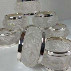 8 German Crystal Frosted Rose Napkin Rings with Silver plate Rims~Lalique Style