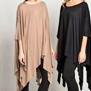 OSFM(1X 2X 3X 4X) Mona B Taupe/Tan Cascade Draped Asymmetric Tunic Top Plus Size