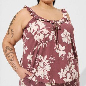 Torrid Tank Top 0X (L) Brown Floral Ruffle Sleeves Tie Front Gauze Swing NWT