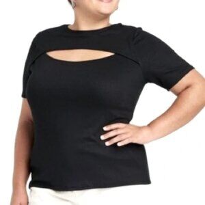 4X 28/30 Ava & Viv Black Ribbed Knit Top T Shirt Short Sleeve Cutout Target NEW