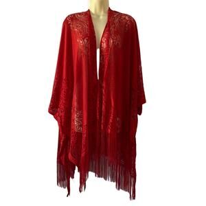 Time and Tru Red Lace Fringed Kimono Swim Coverup