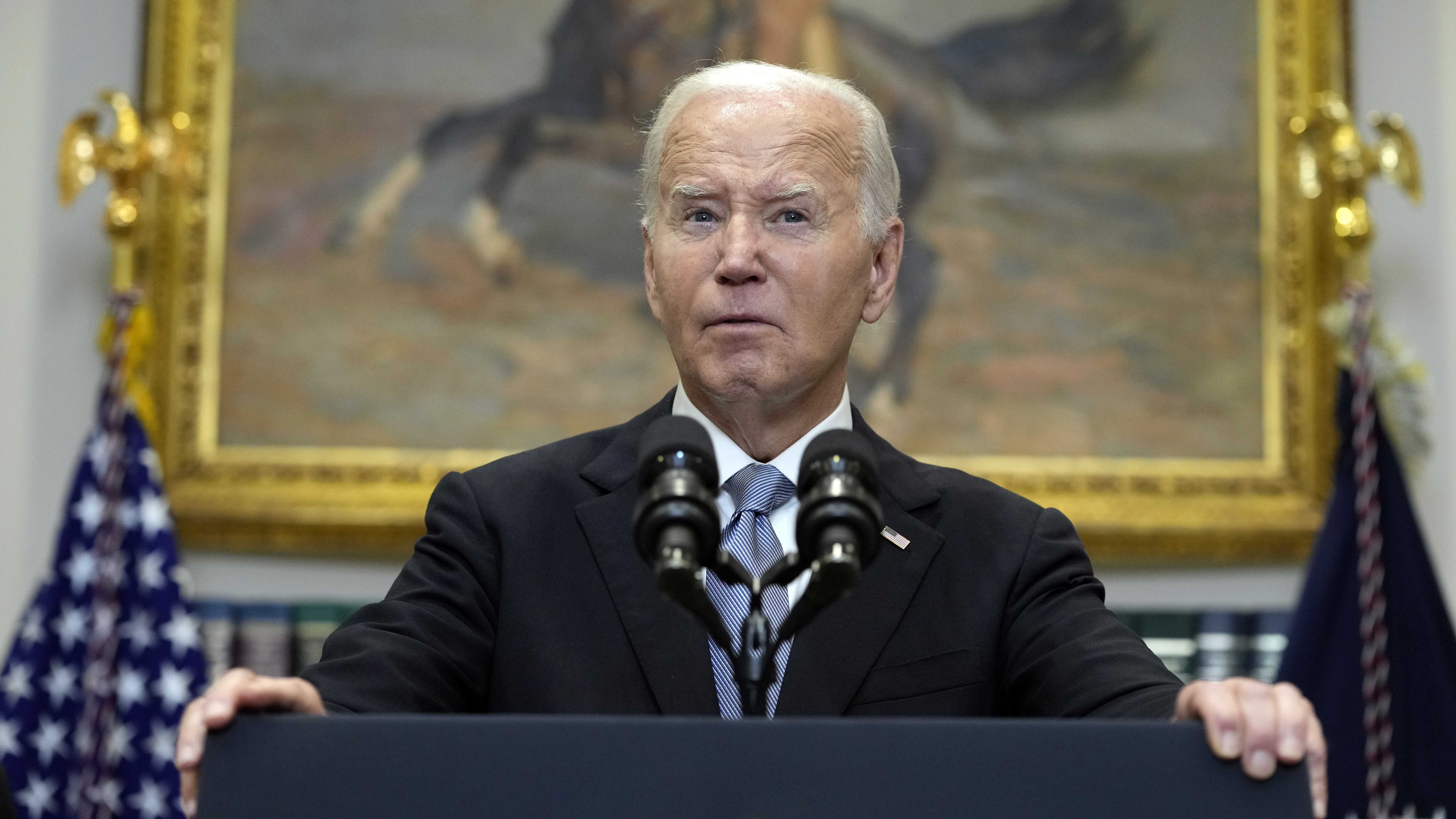 President Joe Biden speaks from the Roosevelt Room of the White House in Washington, Sunday, July 14, 2024, about the apparent assassination attempt of former President Donald Trump at a campaign rally in Pennsylvania. (AP Photo/Susan Walsh)