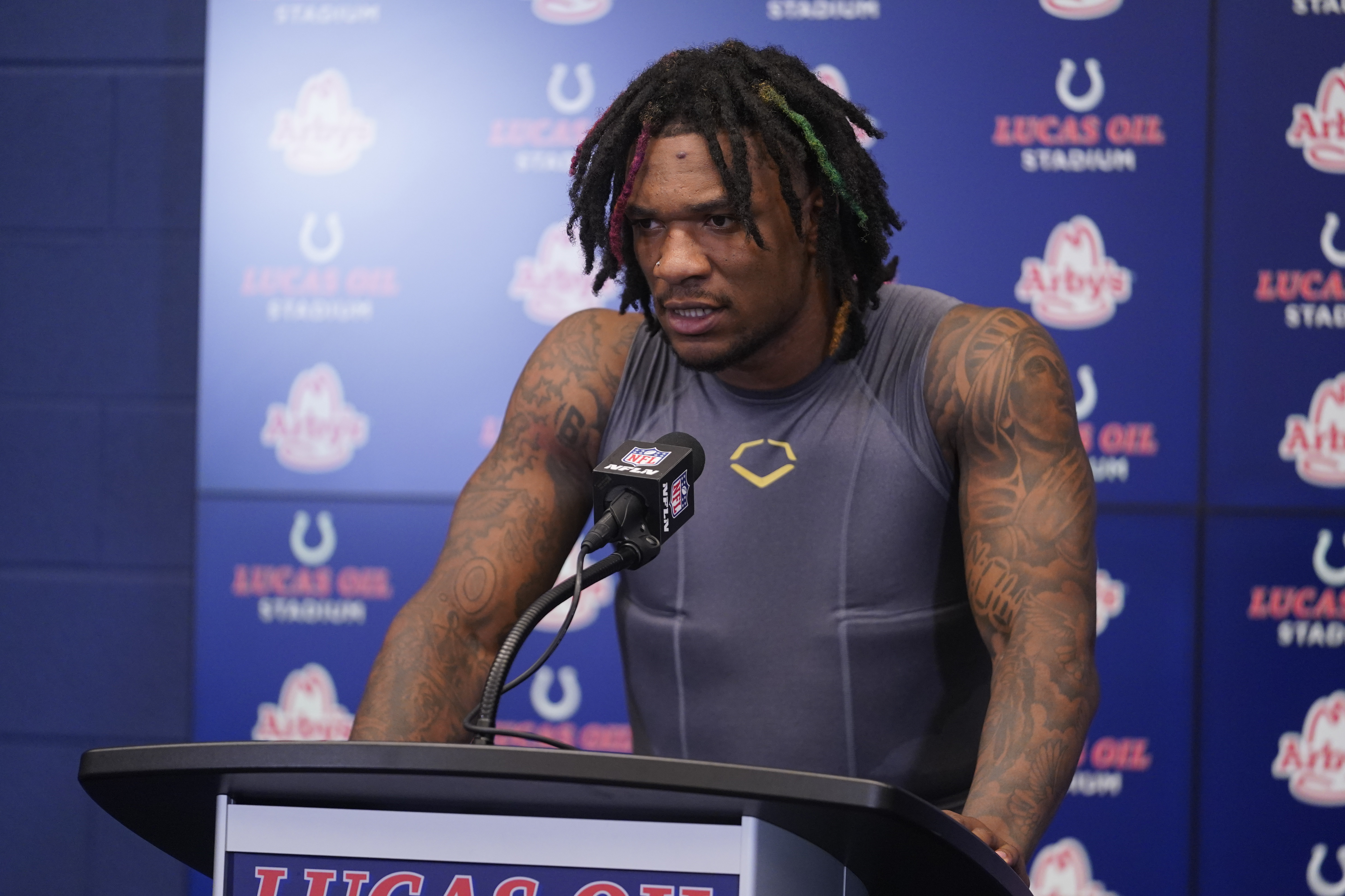 FILE - Indianapolis Colts quarterback Anthony Richardson speaks after an NFL football game against the Los Angeles Rams, Oct. 1, 2023, in Indianapolis. Richardson wants to help a local high school football program do a better job avoiding head injuries. (AP Photo/Darron Cummings, File)