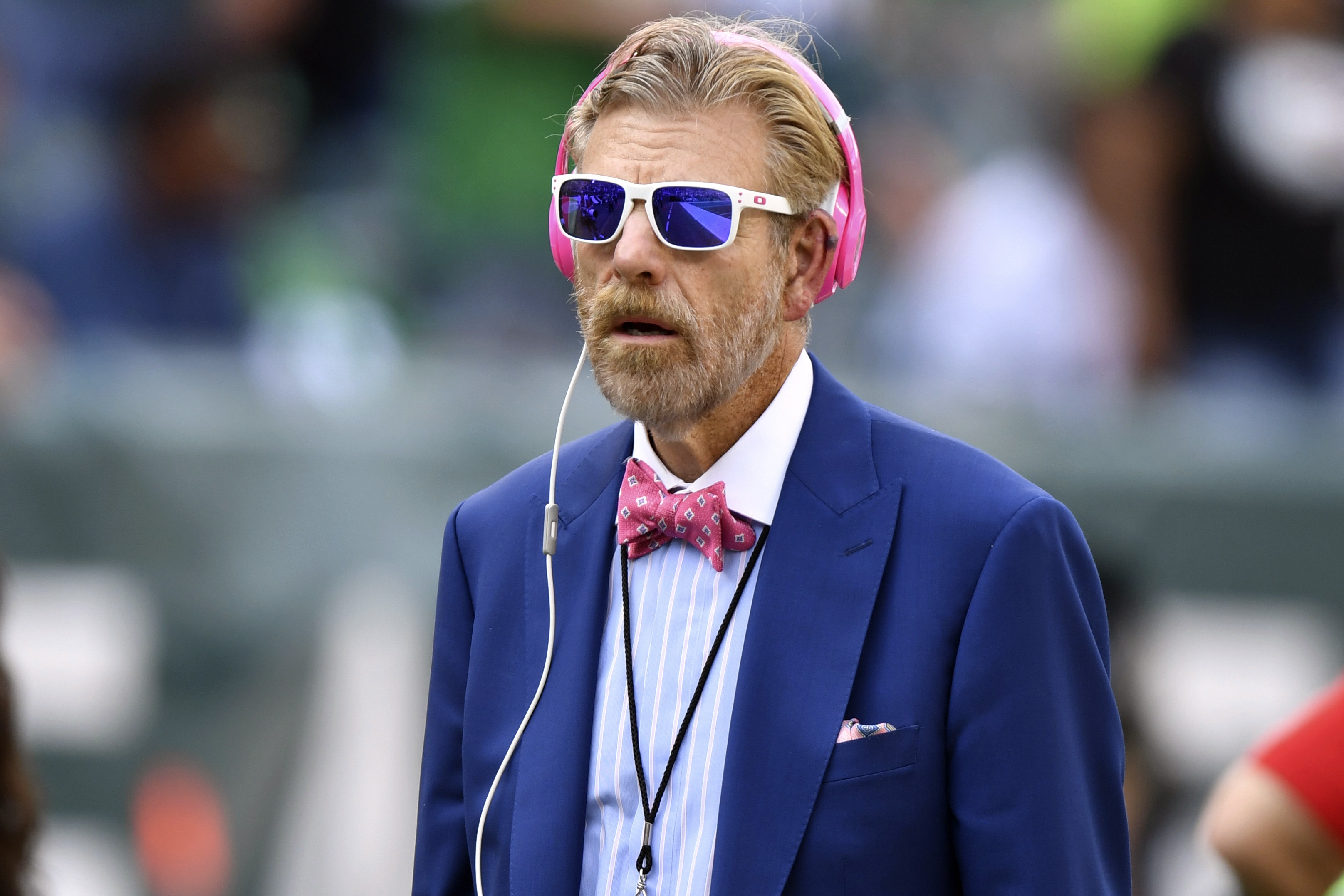 FILE - Philadelphia sports radio host Howard Eskin looks on from the sideline during an NFL football game between the Philadelphia Eagles and the Kansas City Chiefs, Sunday, Oct. 3, 2021, in Philadelphia. Eskin’s employer has suspended him from Philadelphia Phillies home games for the rest of the season after investigations showed he kissed a worker for Citizens Bank Park’s food service provider without consent. (AP Photo/Terrance Williams, File)