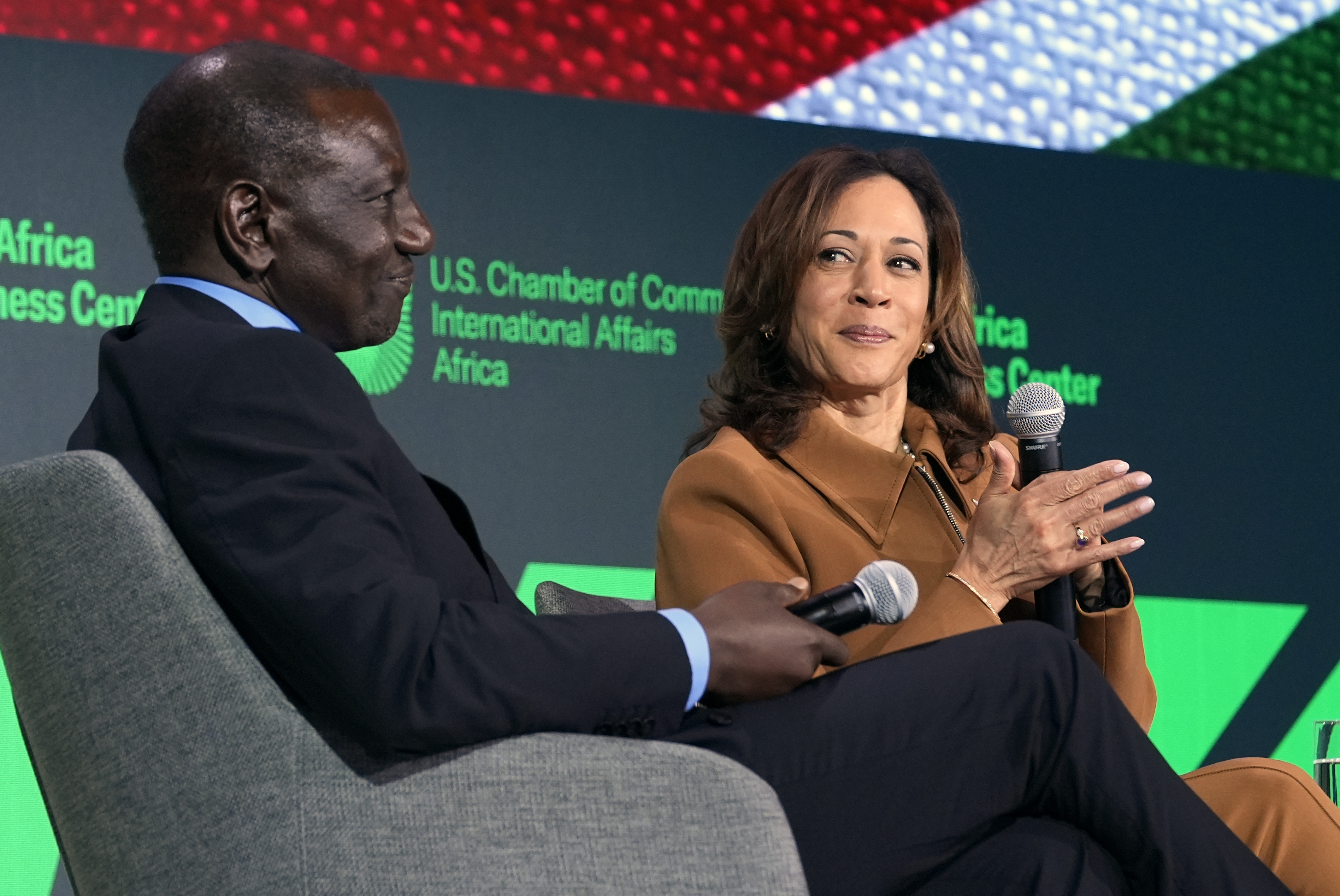 Kenya's President William Ruto, left, and Vice President Kamala Harris participate in a discussion at the U.S.-Kenya Business Forum at the Chamber of Commerce in Washington, Friday, May 24, 2024. (AP Photo/Susan Walsh)