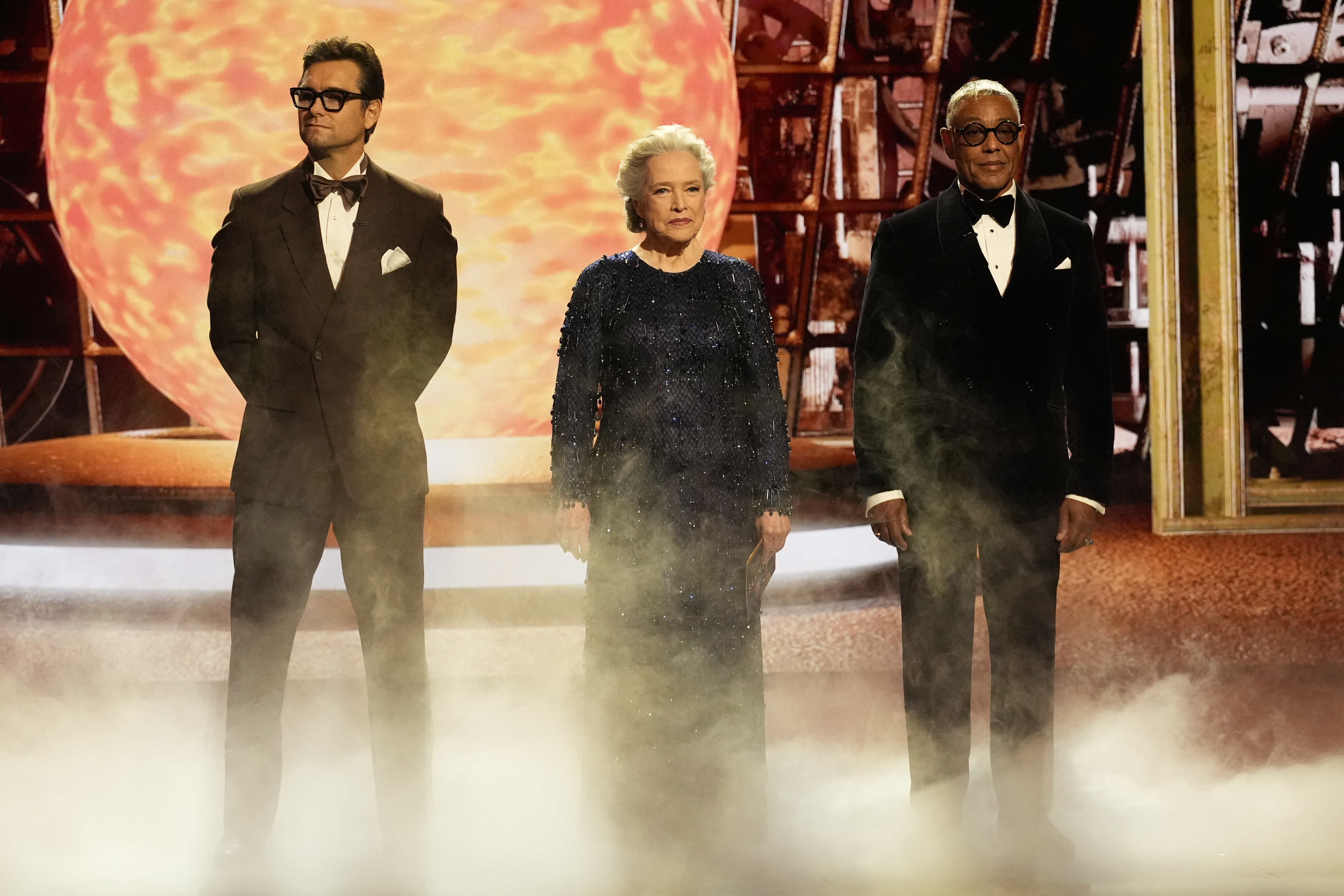 Antony Starr, from left, Kathy Bates, and Giancarlo Esposito present the award for outstanding supporting actress in a limited or anthology series or movie during the 76th Primetime Emmy Awards on Sunday, Sept. 15, 2024, at the Peacock Theater in Los Angeles. (AP Photo/Chris Pizzello)