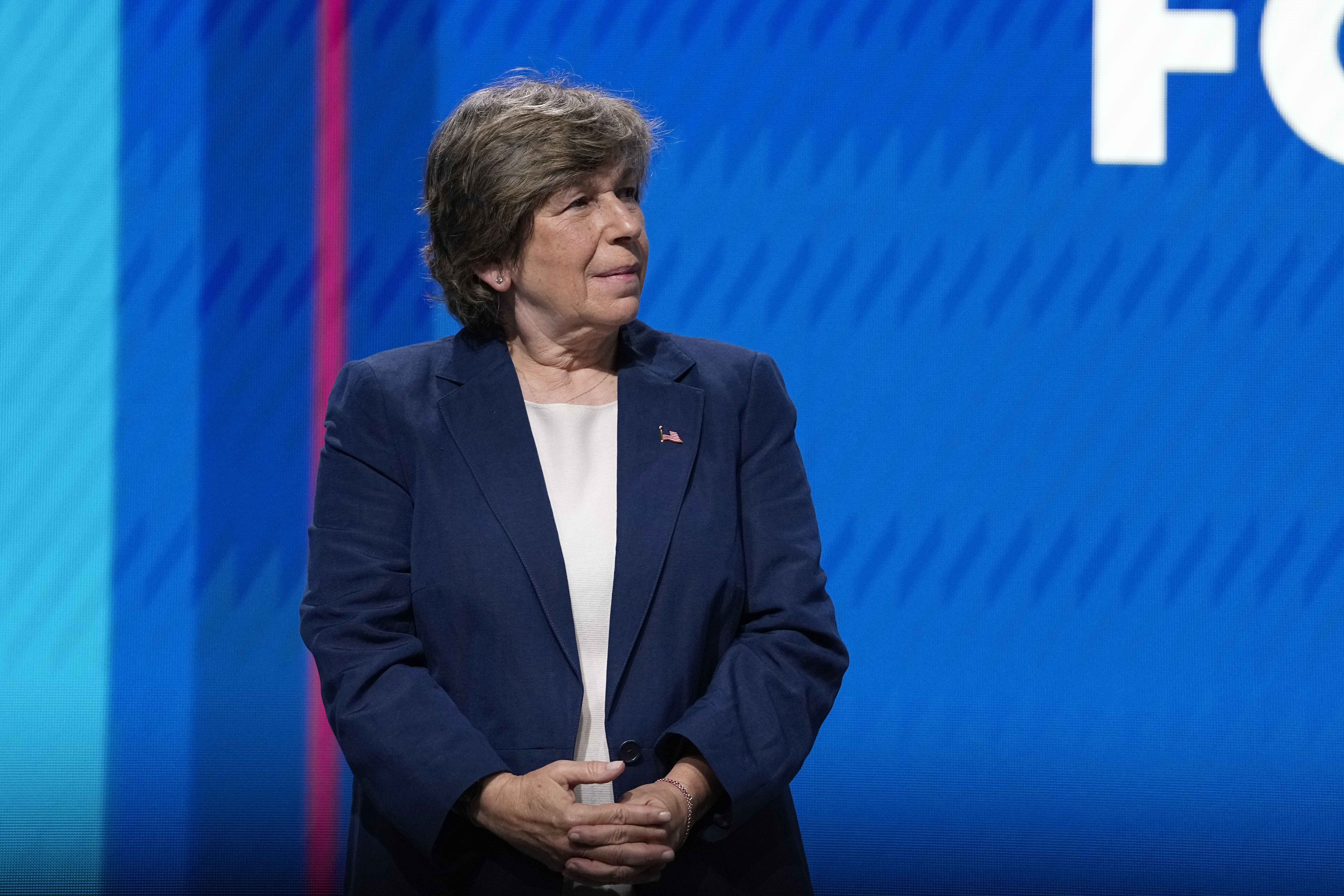 Randi Weingarten, AFT president, stands on stage during the American Federation of Teachers' 88th national convention, Thursday, July 25, 2024, in Houston. (AP Photo/Tony Gutierrez)