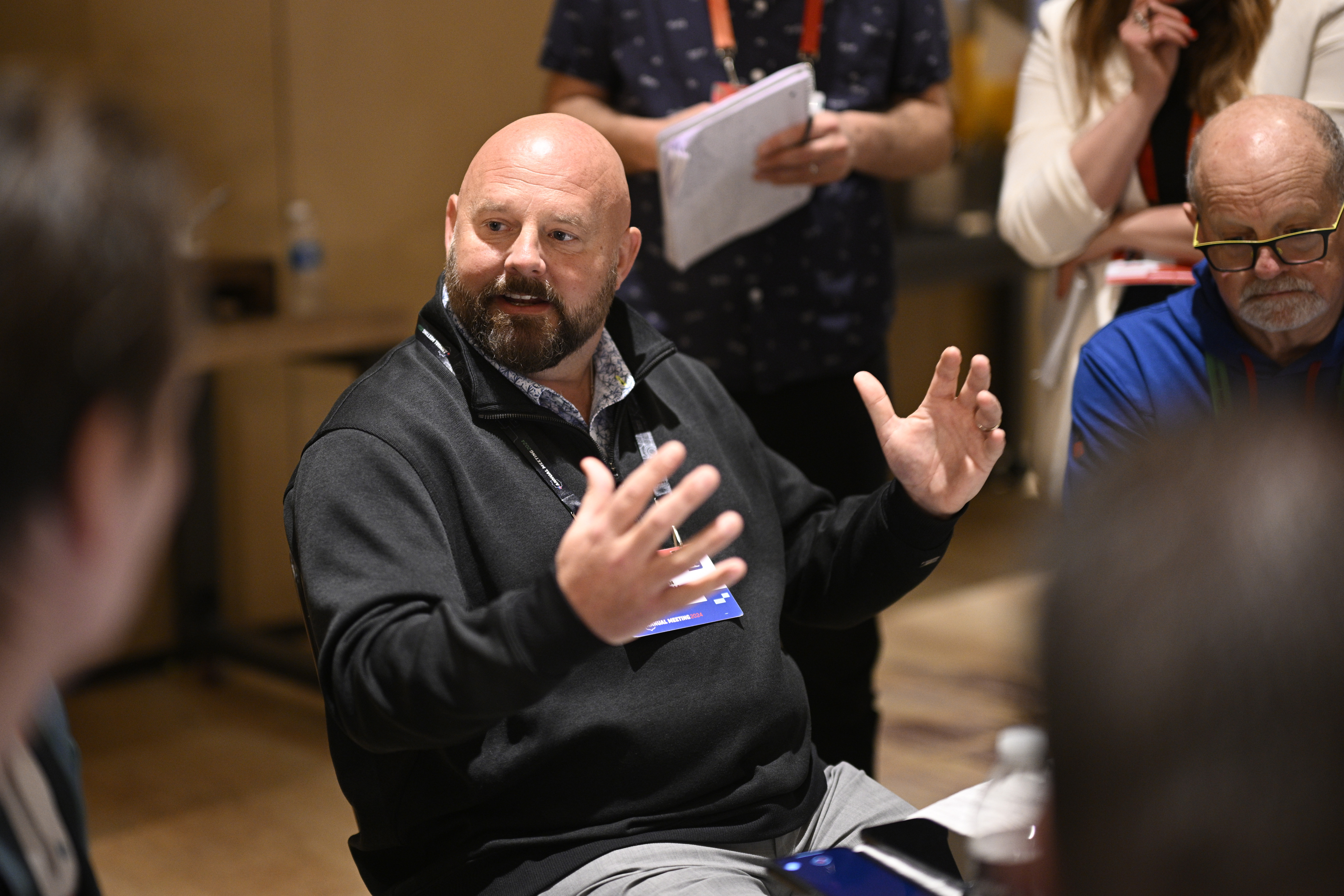 New York Giants head football coach Brian Daboll talks with reporters during an NFC coaches availability at the NFL owners meetings, Tuesday, March 26, 2024, in Orlando, Fla. (AP Photo/Phelan M. Ebenhack)