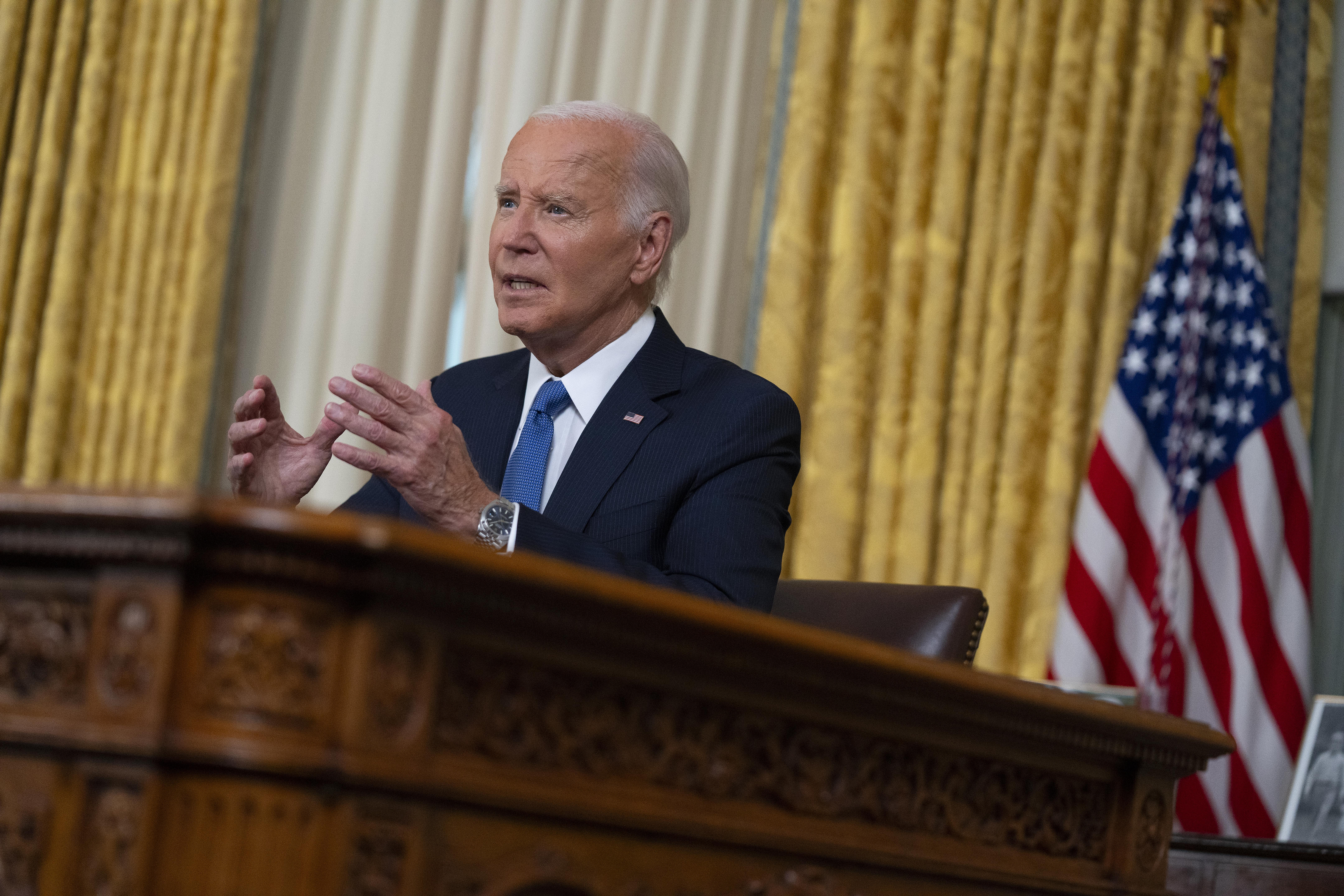 President Joe Biden addresses the nation from the Oval Office of the White House in Washington, Wednesday, July 24, 2024, about his decision to drop his Democratic reelection bid. (AP Photo/Evan Vucci, Pool)