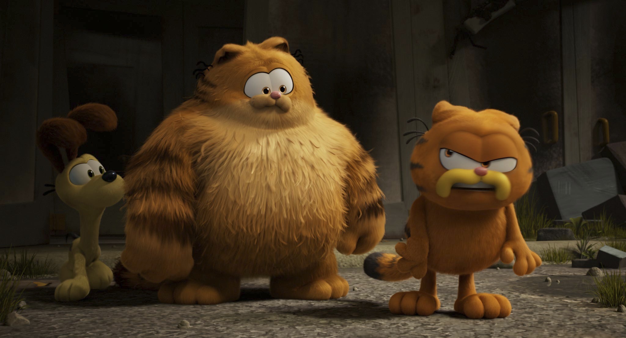 This image released by Sony Pictures shows characters Odie, voiced by Harvey Guillén, from left, Vic, voiced by Samuel L. Jackson, and Garfield, voiced by Chris Pratt, in a scene from the animated film "The Garfield Movie." (Columbia Pictures/Sony via AP)