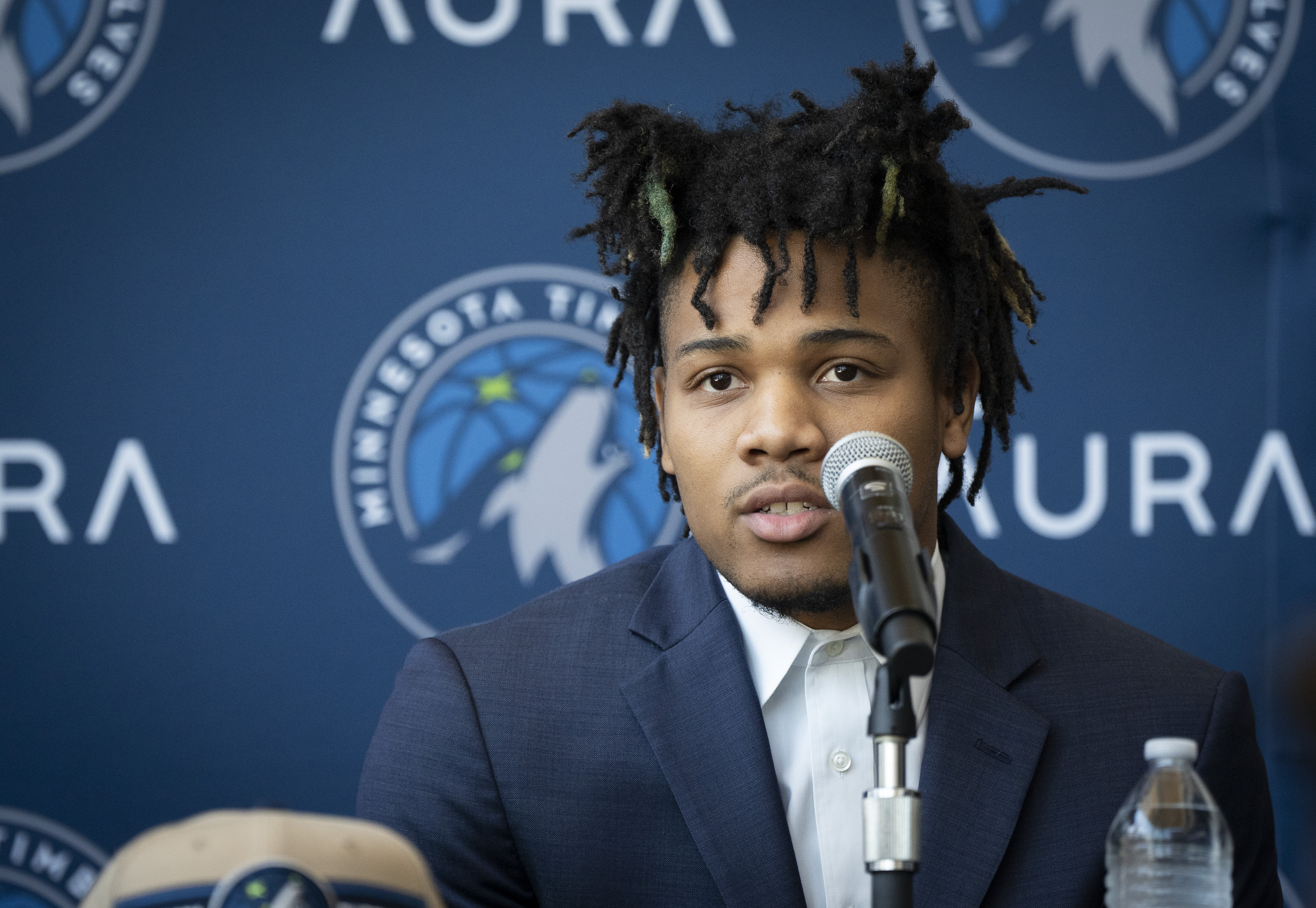 Minnesota Timberwolves NBA basketball draft pick Terrence Shannon Jr. speaks at a press conference at the Target Center in Minneapolis Wednesday, July 3, 2024. (Renée Jones Schneider/Star Tribune via AP)