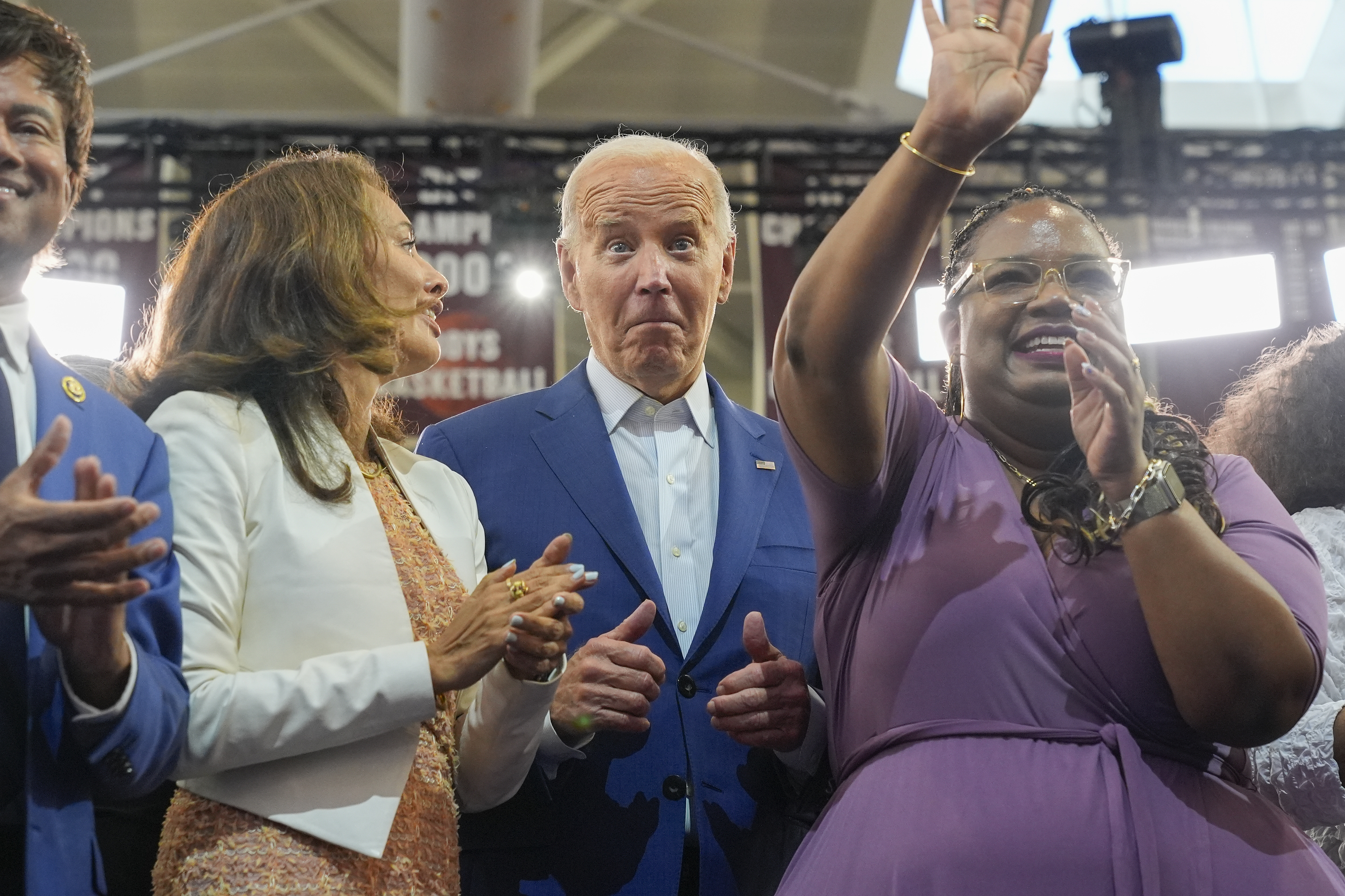 President Joe Biden on stage with supporters after speaking at Renaissance High School, Friday, July 12, 2024, during a campaign event in Detroit. (AP Photo/Jacquelyn Martin)