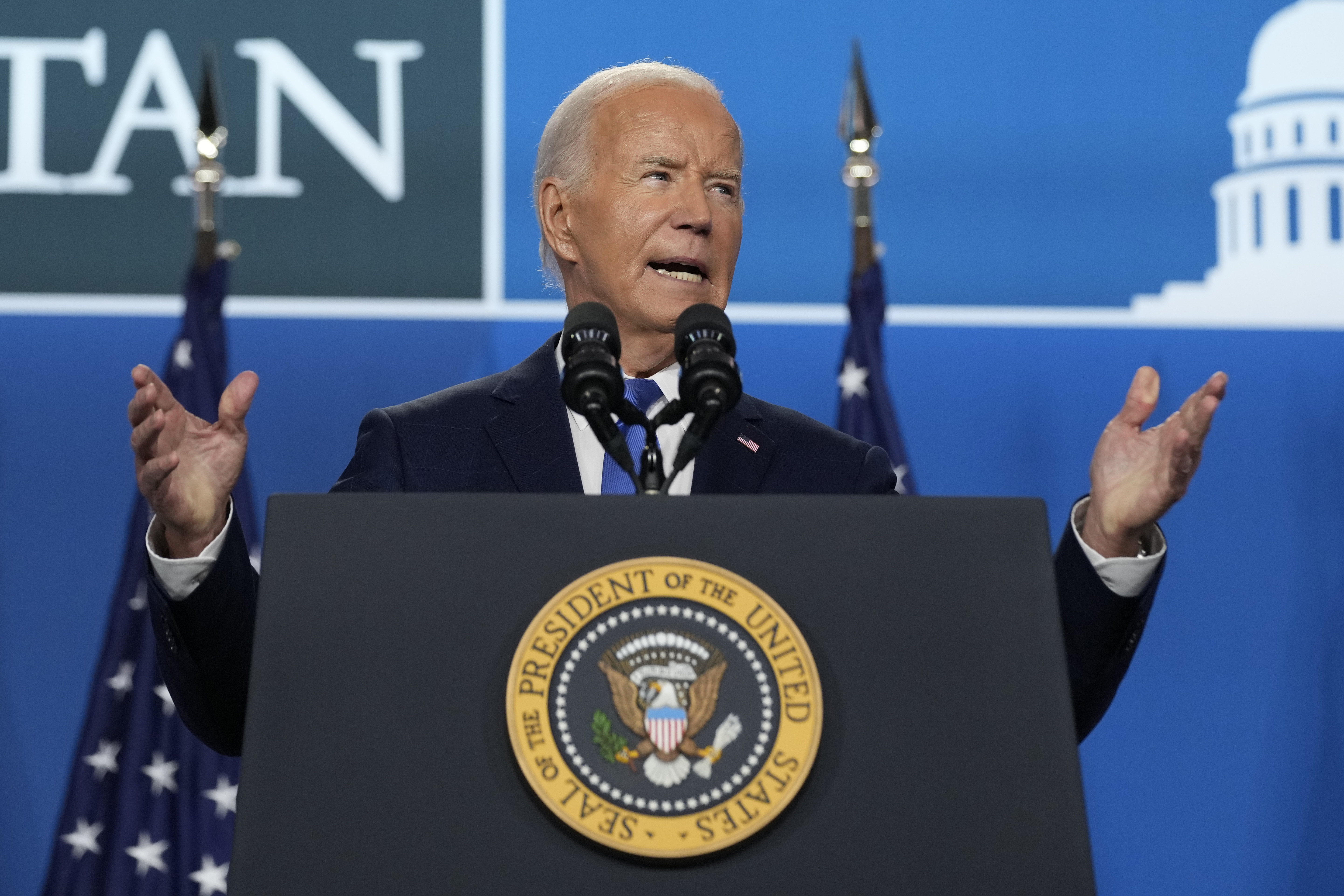 President Joe Biden speaks at a news conference following the NATO Summit in Washington, Thursday, July 11, 2024. (AP Photo/Susan Walsh)