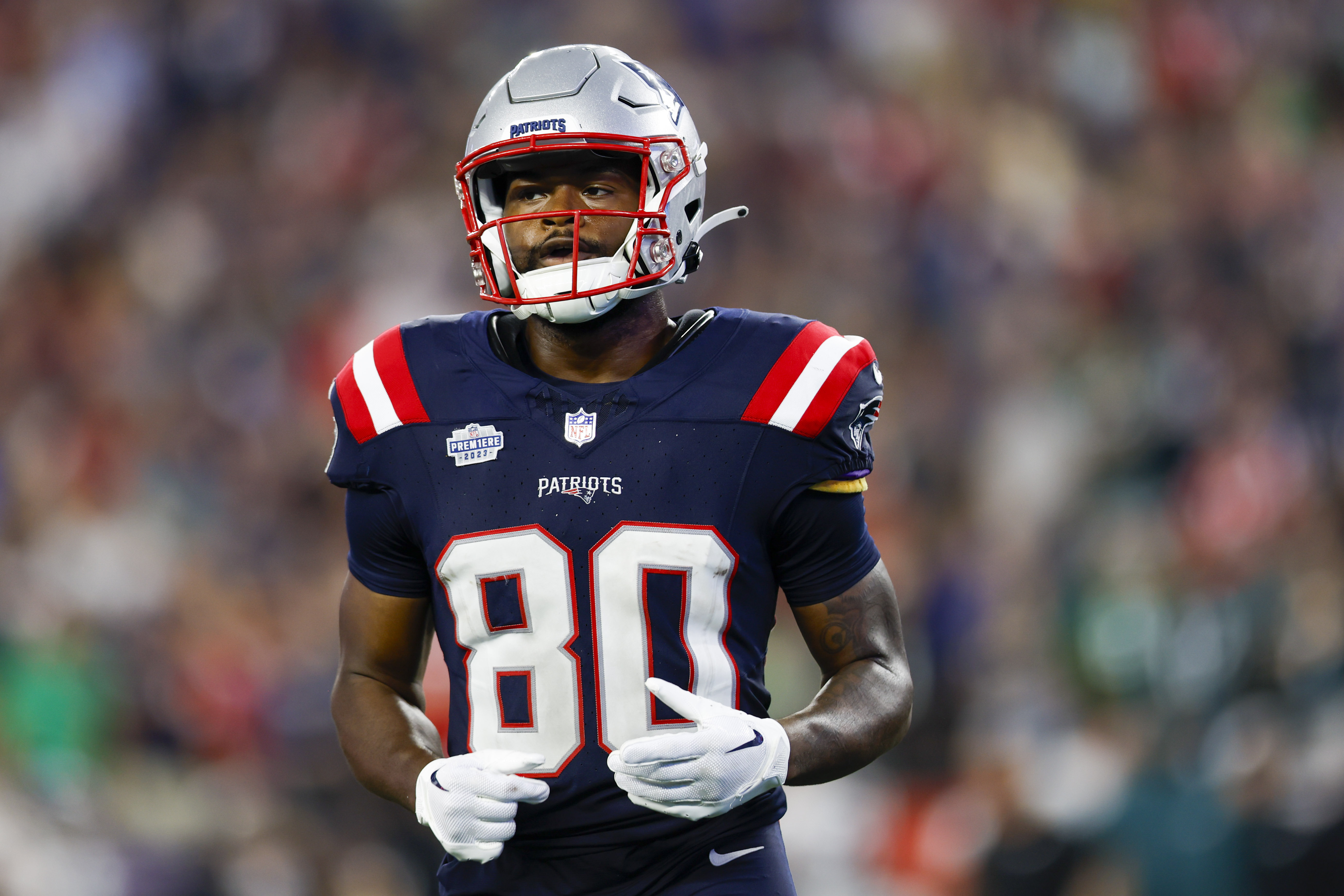 FILE - New England Patriots wide receiver Kayshon Boutte (80) reacts during the second half of an NFL football game against the Philadelphia Eagles, Sept. 10, 2023, in Foxborough, Mass. Boutte will not be prosecuted on charges related to illegal online gaming that police said took place while he was underage and still a college player at Louisiana State University, a prosecutor said Tuesday, July 16, 2024. (AP Photo/Greg M. Cooper, File)