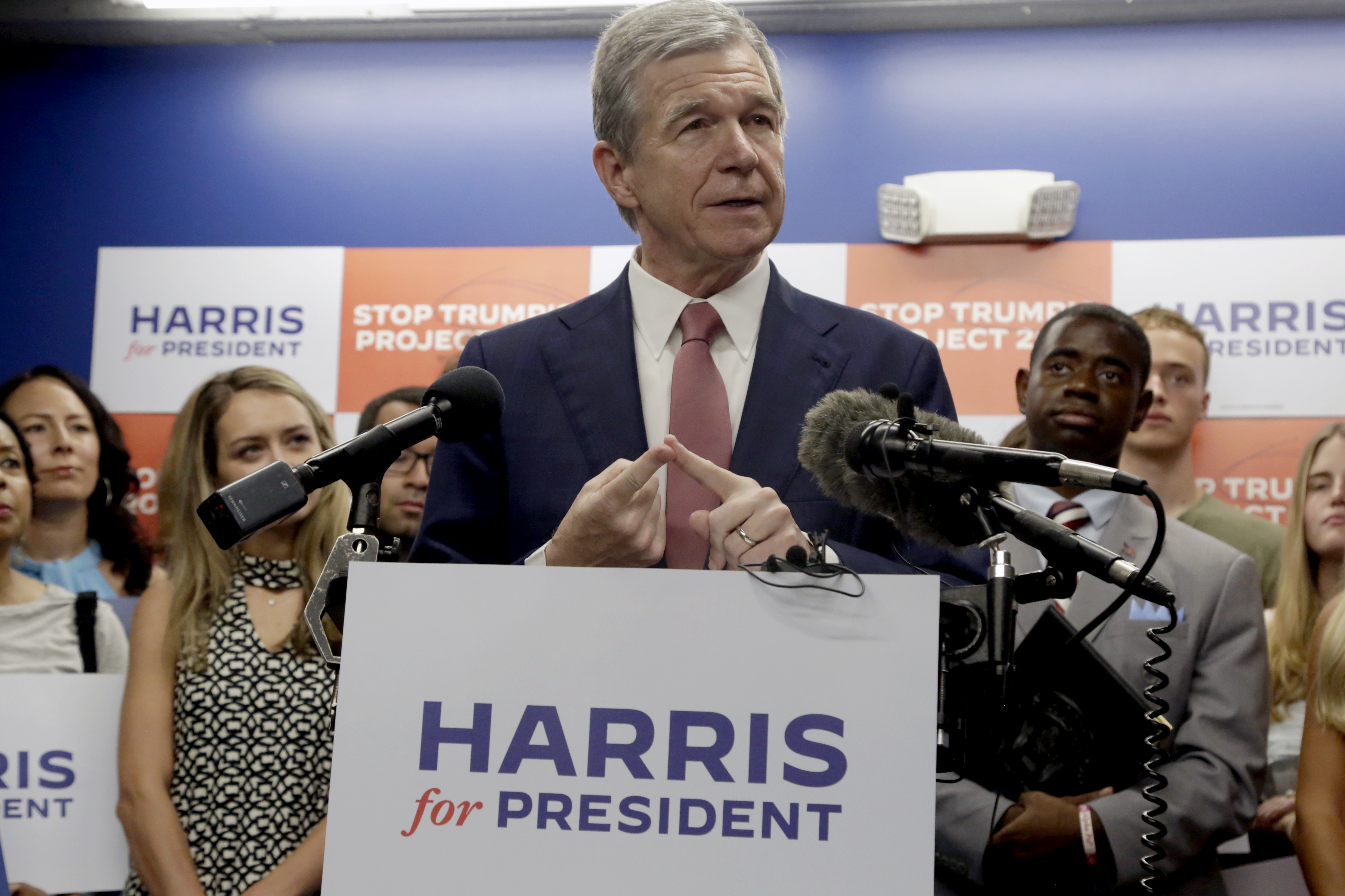 N.C. Governor Roy Cooper speaks at a news conference, Thursday, July 25, 2024, in Raleigh, N.C. Cooper is one of the people being considered to be Democratic presidential candidate Vice President Kamala Harris' running mate. (AP Photo/Chris Seward)