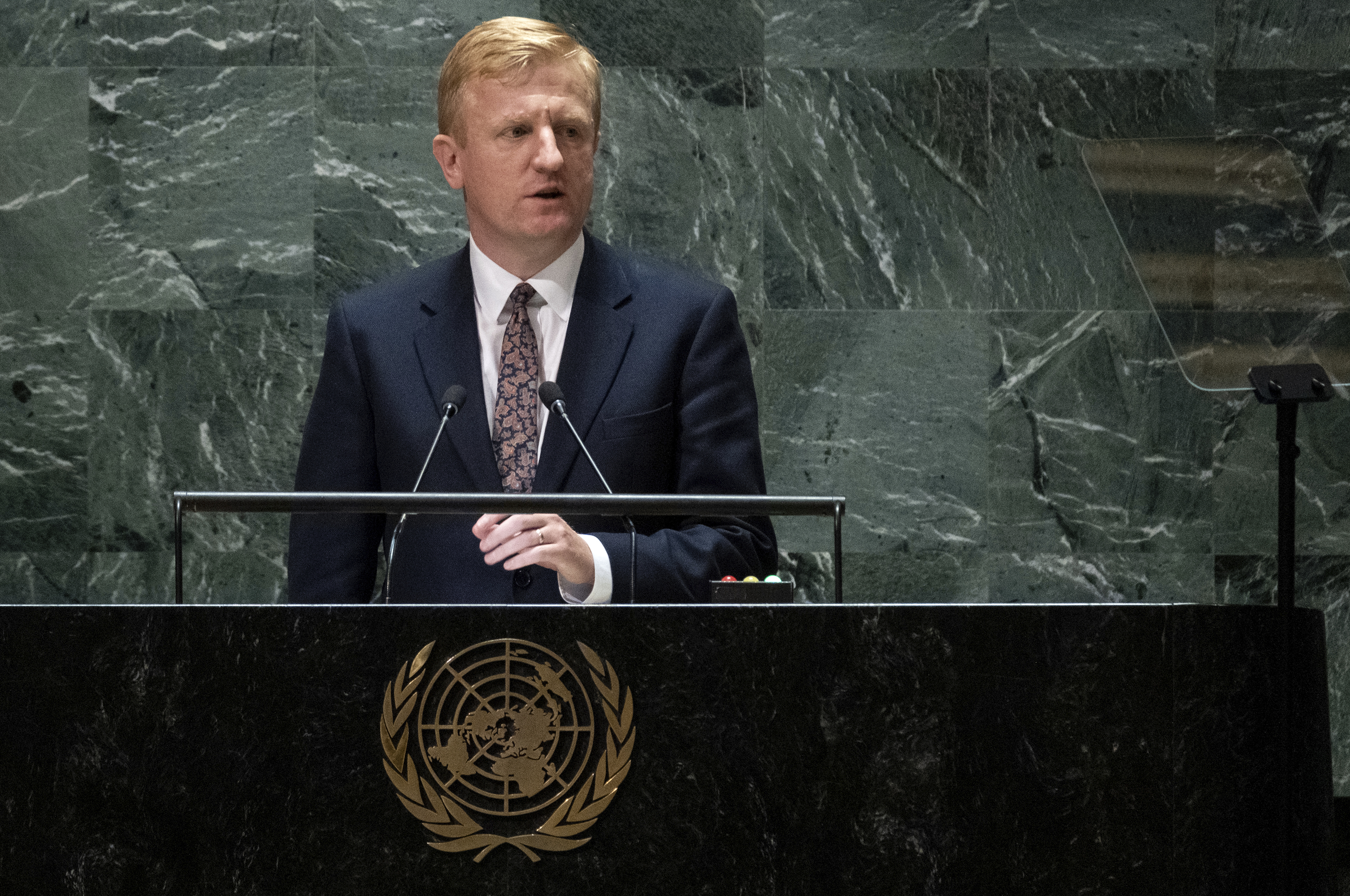 Deputy Prime Minister of United Kingdom Oliver Dowden addresses the 78th session of the United Nations General Assembly, Friday, Sept. 22, 2023, at United Nations headquarters. (AP Photo/Craig Ruttle)