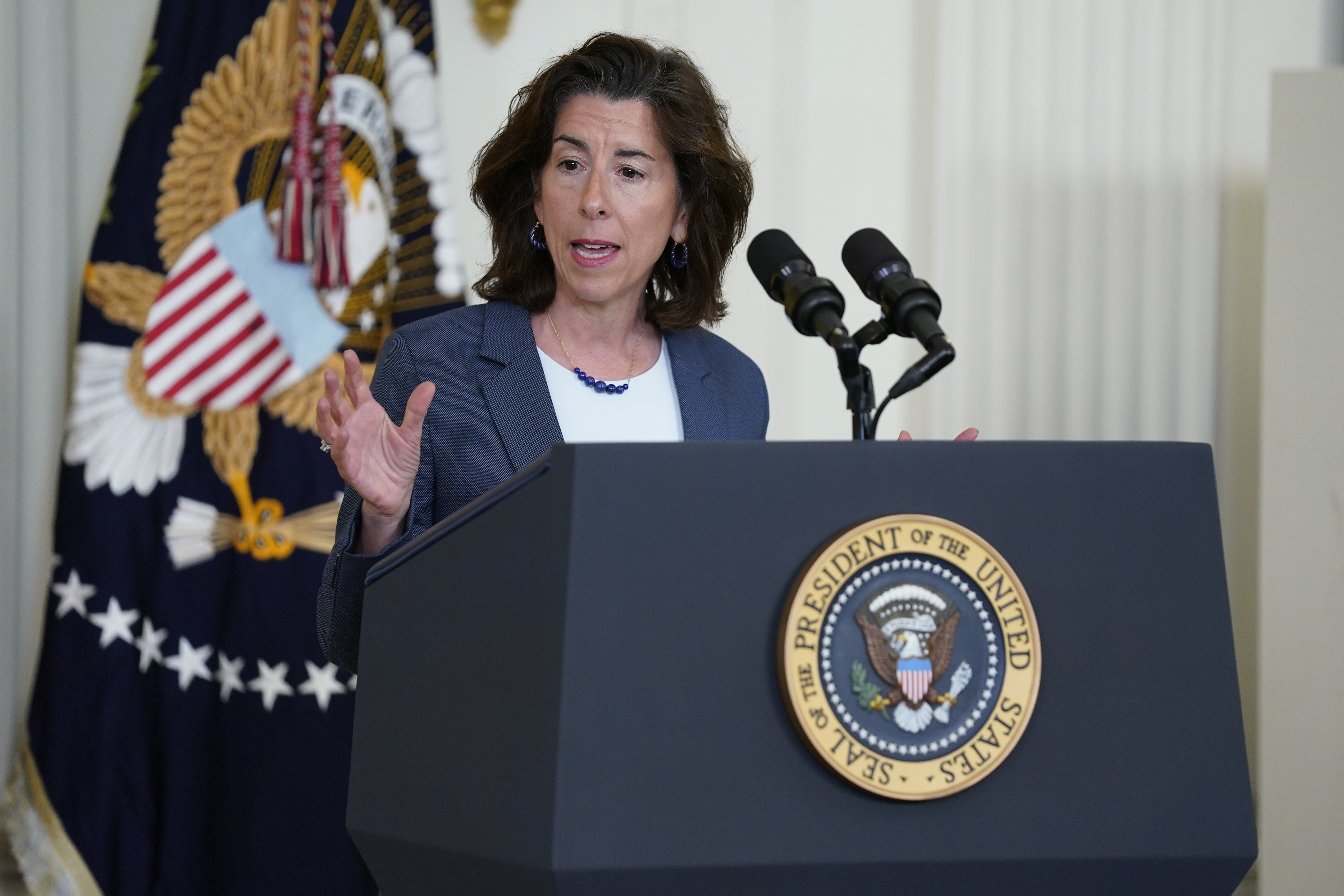 FILE - Commerce Secretary Gina Raimondo speaks during an event about high speed internet infrastructure, in the East Room of the White House on June 26, 2023, in Washington. China says it would welcome a visit by Raimondo following the imposition of foreign investment controls by her agency that have stung numerous Chinese companies, according to reports Thursday, Aug. 17. (AP Photo/Evan Vucci, File)