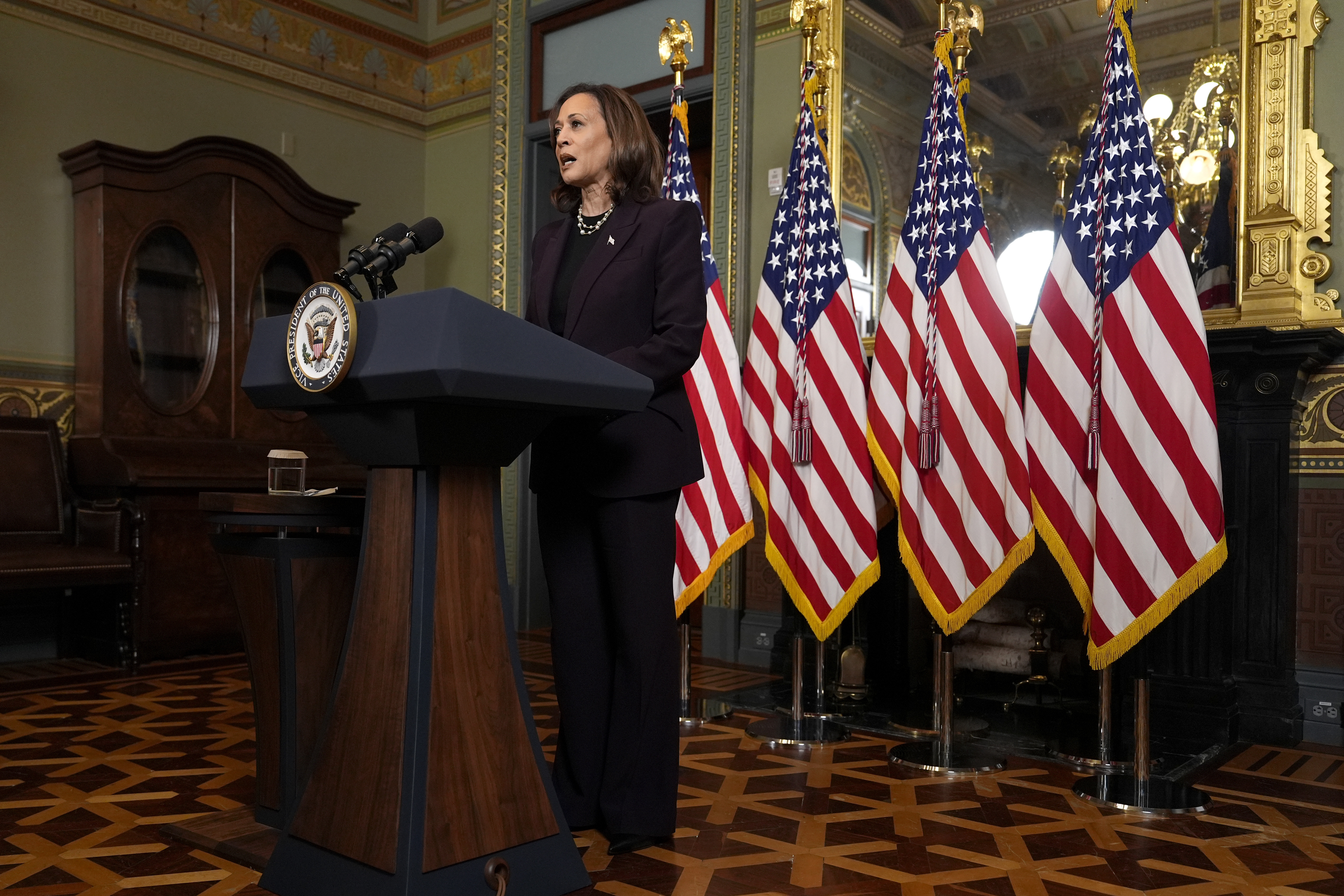 Vice President Kamala Harris speaks following a meeting with Israeli Prime Minister Benjamin Netanyahu at the Eisenhower Executive Office Building on the White House complex in Washington, Thursday, July 25, 2024. (AP Photo/Julia Nikhinson)