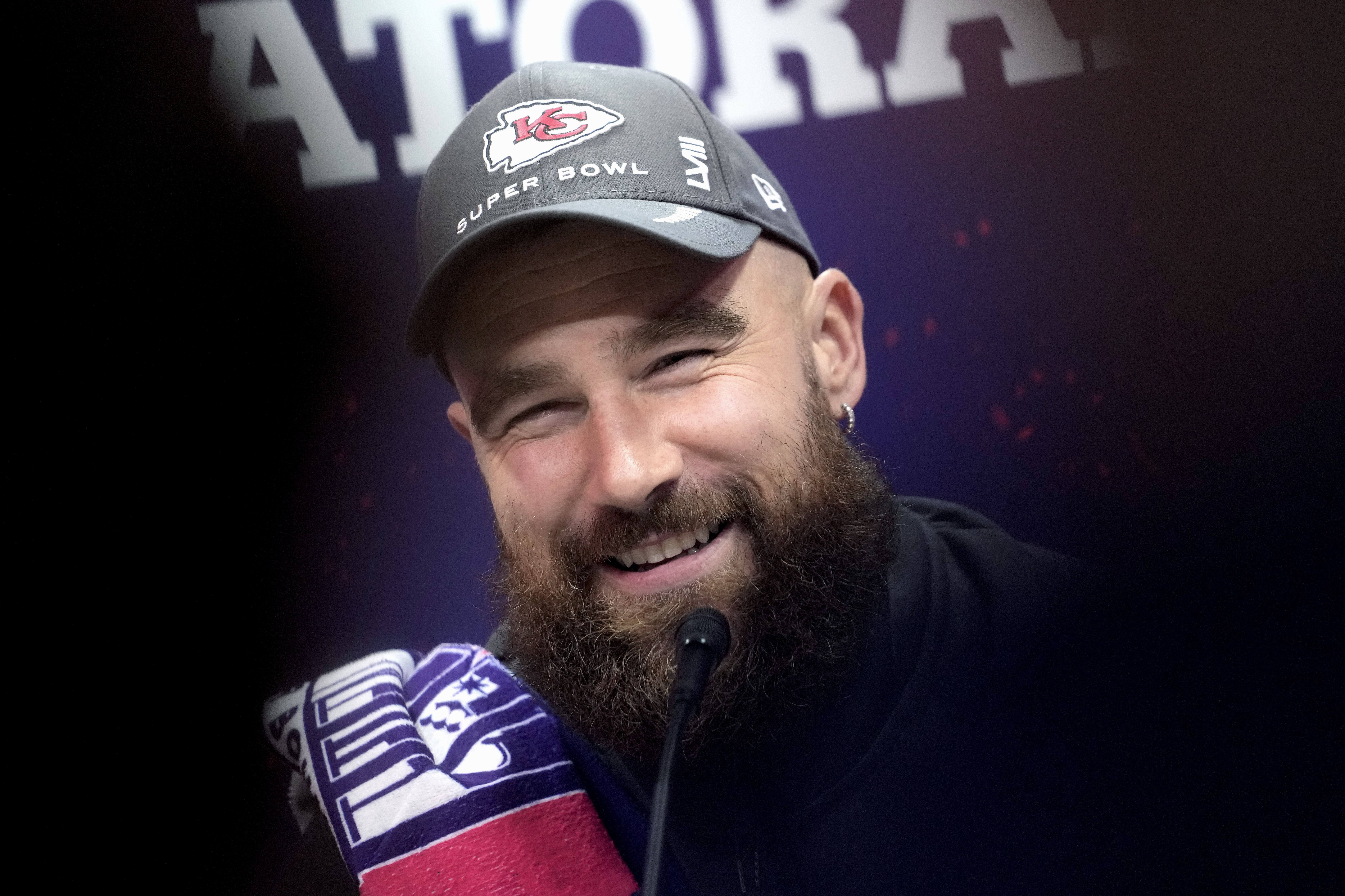 Kansas City Chiefs tight end Travis Kelce smiles as he participates in the NFL football Super Bowl 58 opening night, Monday, Feb. 5, 2024, in Las Vegas. The San Francisco 49ers face the Kansas City Chiefs in Super Bowl 58 on Sunday. (AP Photo/Godofredo A. Vásquez)