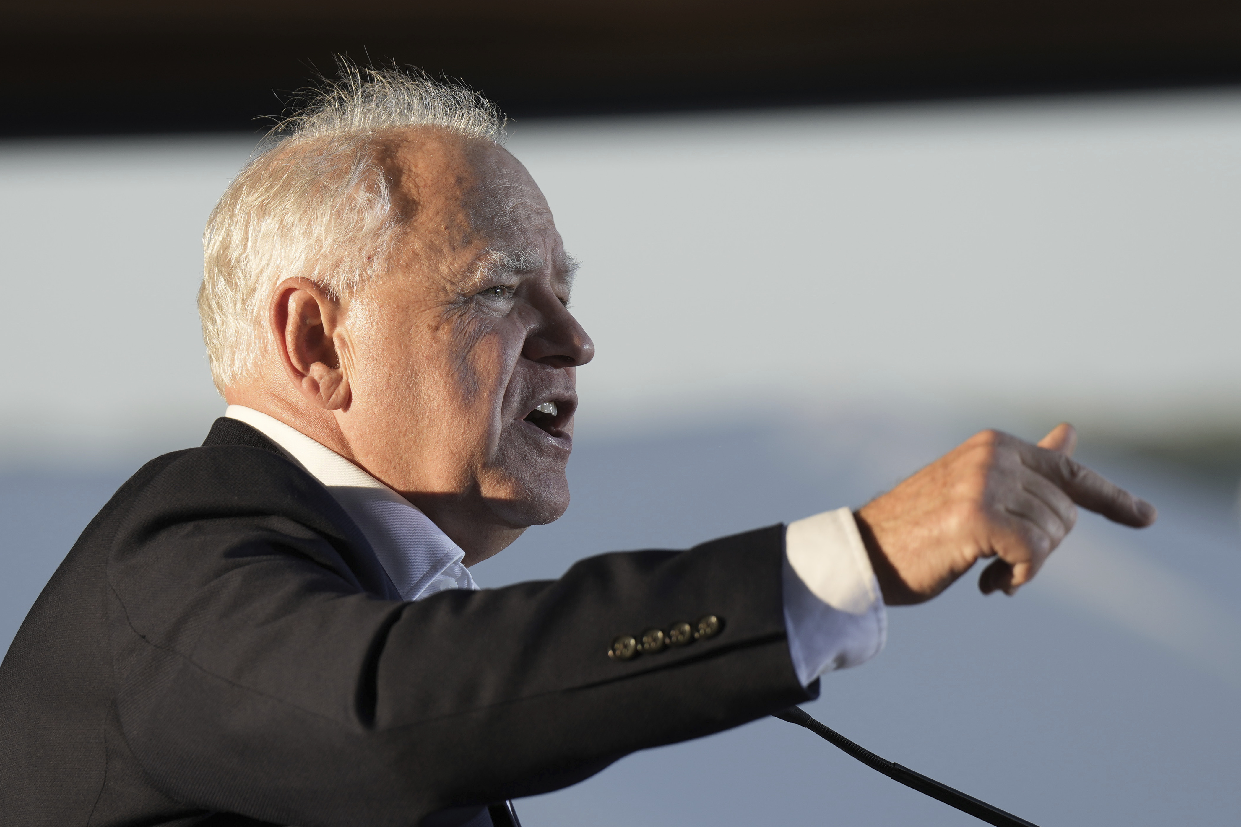 Democratic vice presidential nominee Minnesota Gov. Tim Walz speaks at a rally along the waterfront, Thursday, Sept. 5, 2024, in Erie, Pa. (Glen Stubbe/Star Tribune via AP)