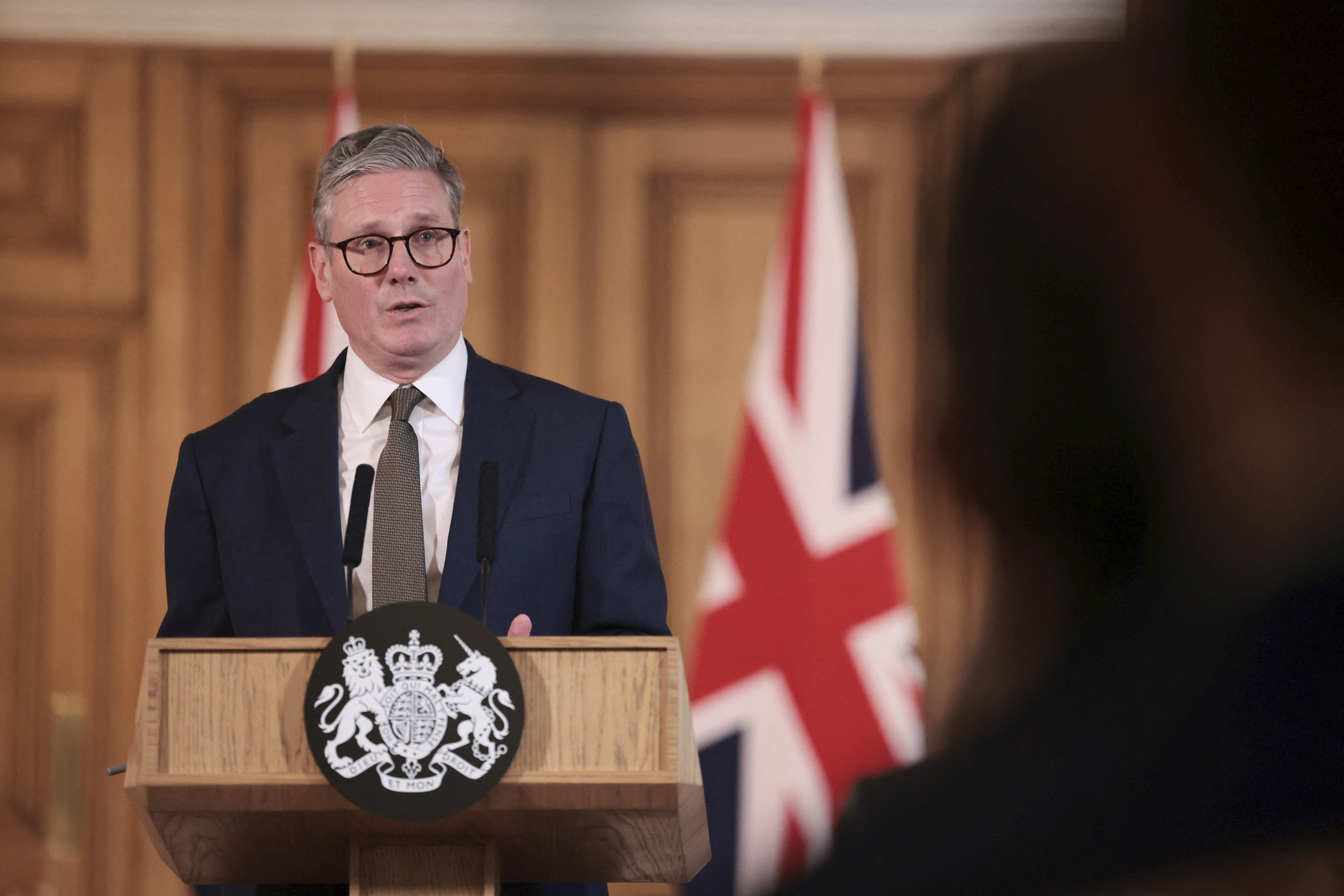 British Prime Minister Keir Starmer delivers a speech, following his first cabinet meeting as Prime Minister, in London, Saturday, July 6, 2024. Britain’s new Prime Minister Keir Starmer has appointed a Cabinet of Labour Party lawmakers and a few outside experts as he tries to tackle priorities including boosting a sluggish economy, building more homes and fixing the creaking state-funded health service.(Claudia Greco, Pool Photo via AP)