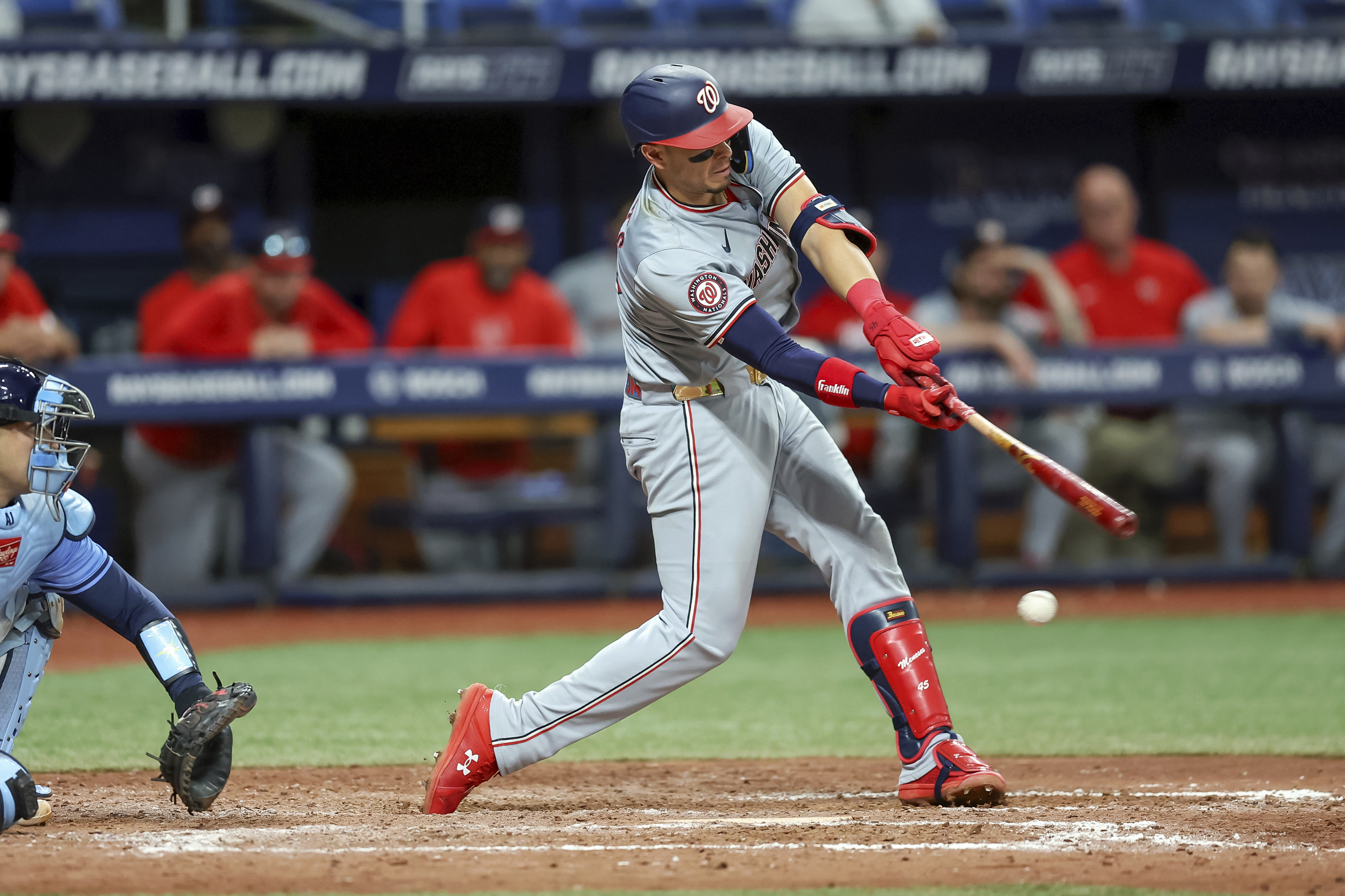 Washington Nationals' Joey Meneses strikes out against the Tampa Bay Rays during the ninth inning of a baseball game Sunday, June 30, 2024, in St. Petersburg, Fla. (AP Photo/Mike Carlson)