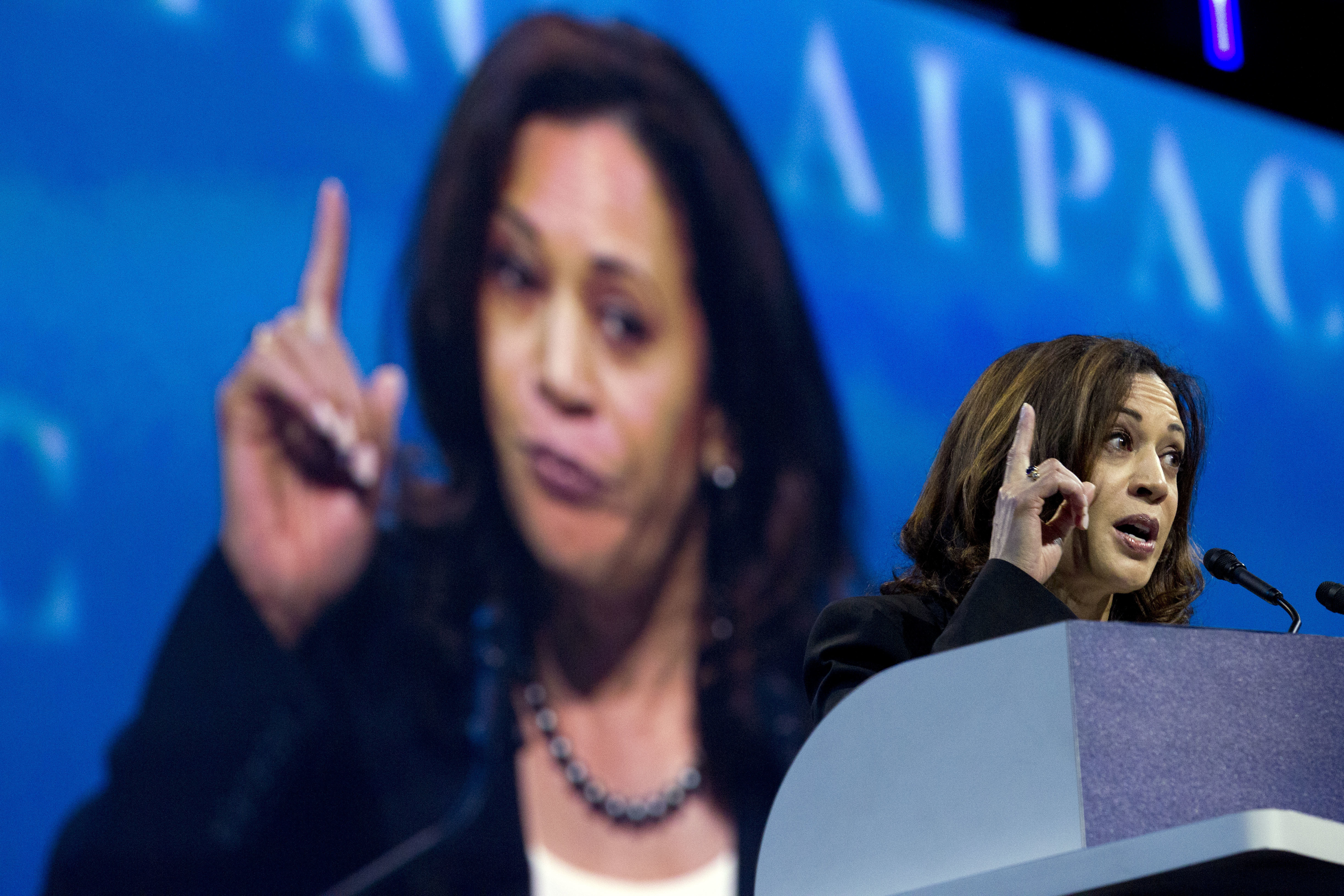 FILE - Sen. Kamala Harris D-Calif. speaks at the 2017 American Israel Public Affairs Committee (AIPAC) Policy Conference, Tuesday, March 28, 2017, at the Washington Convention Center in Washington. (AP Photo/Jose Luis Magana, File)