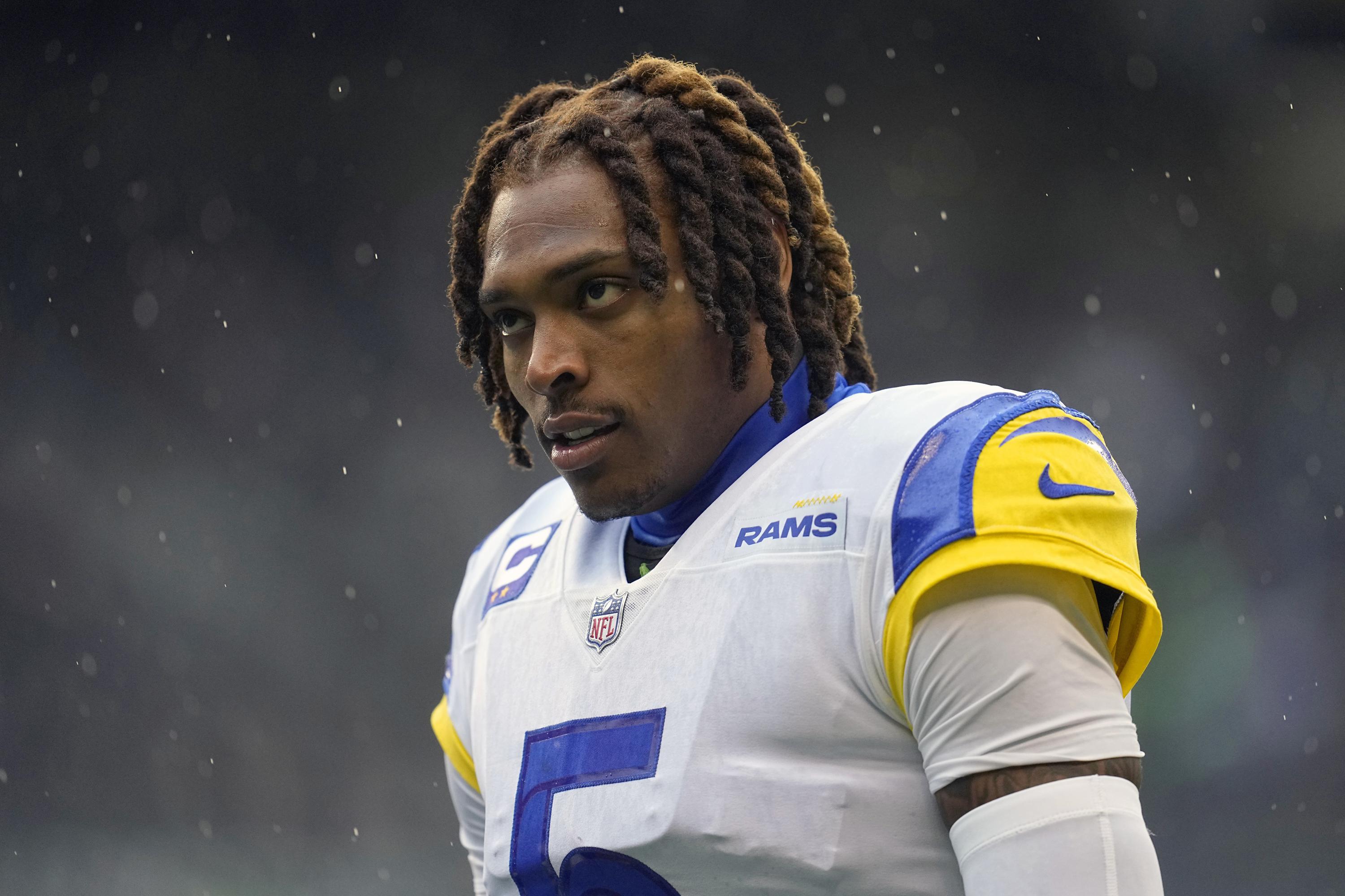 FILE - Los Angeles Rams cornerback Jalen Ramsey (5) stands on the field before an NFL football game against the Seattle Seahawks on Jan. 8, 2023, in Seattle. The Miami Dolphins are acquiring Ramsey in a trade with the Los Angeles Rams, according to two people with knowledge of the trade Sunday, March 12, 2023. (AP Photo/Abbie Parr, File)