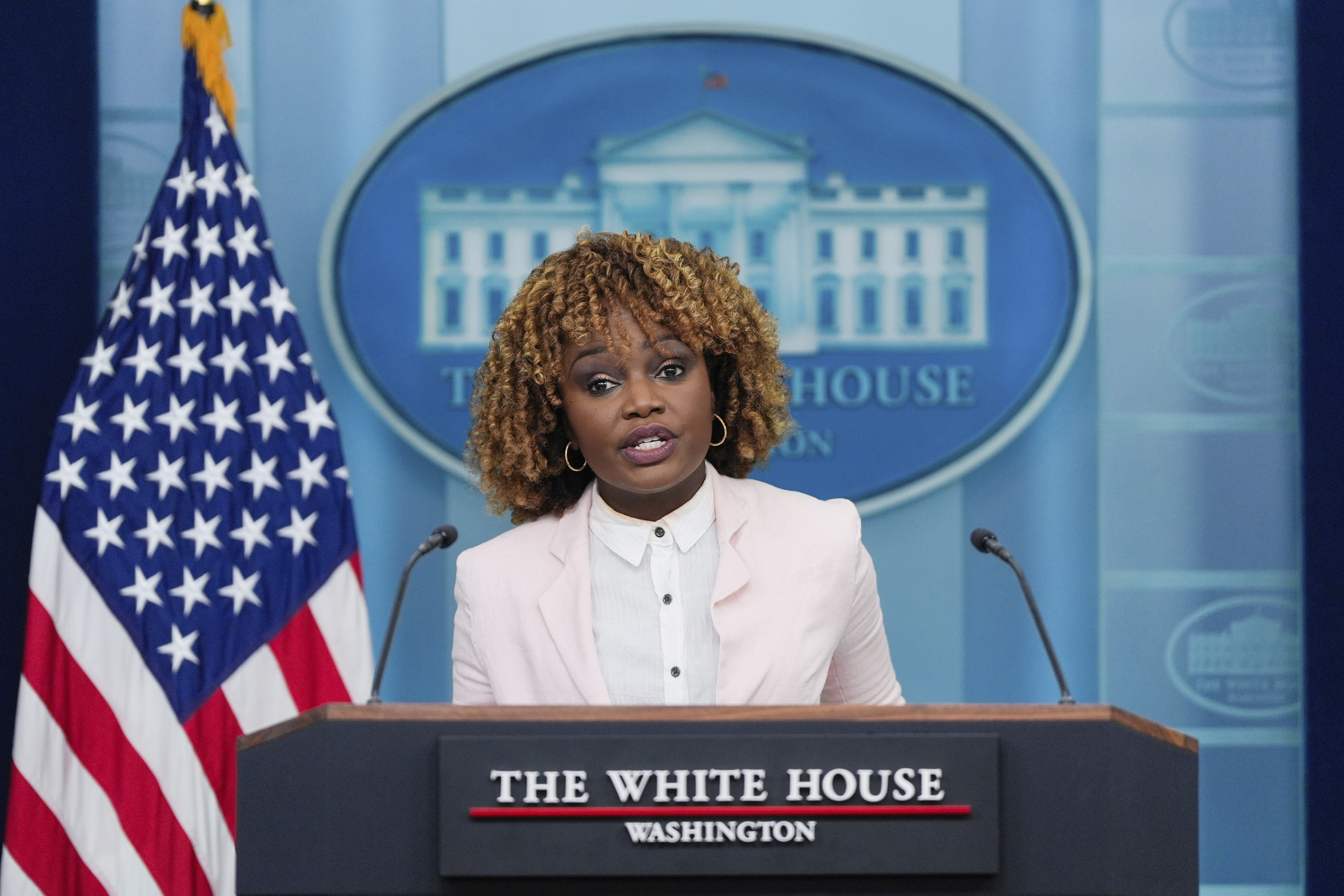 White House press secretary Karine Jean-Pierre speaks during the daily briefing at the White House, Thursday, July 25, 2024, in Washington. (AP Photo/Julia Nikhinson)