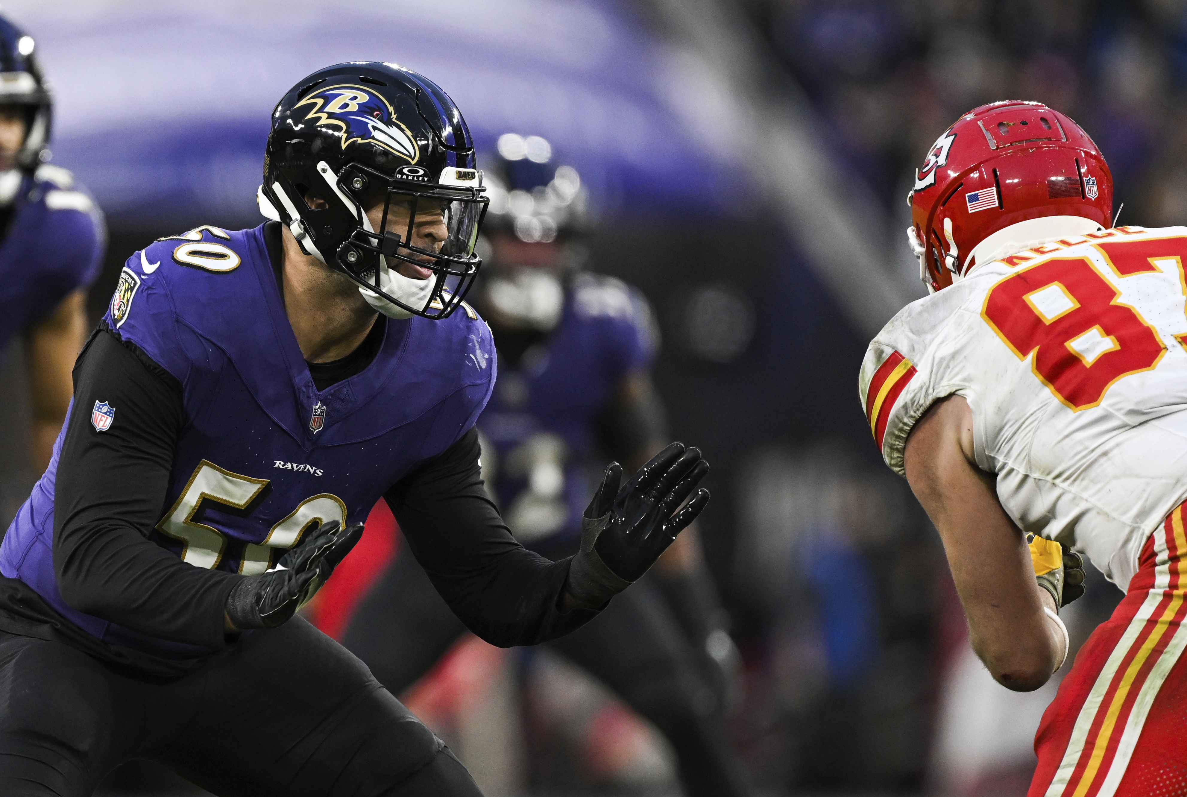 FILE - Baltimore Ravens linebacker Kyle Van Noy (50) defends during the second half of the AFC Championship NFL football game against the Kansas City Chiefs, in Baltimore, Sunday, Jan. 28, 2024. Van Noy is returning to Baltimore after agreeing on a two-year, $9 million contract, a person familiar with the terms told The Associated Press, Thursday, April 4, 2024. (AP Photo/Terrance Williams, File)